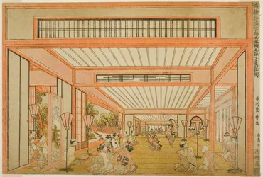 Widoki sal recepcyjnych w Japonii - Rozrywki na Dzień Szczura we Współczesnym Stylu (Uki-e wakoku keiseki ozashiki imayo ne no hi no asobi no zu)