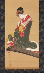 Kobieta zakładająca plektrony na palce do gry na koto, początek XIX wieku.