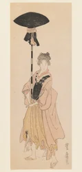 Młoda kobieta niesie zdobiony słup na procesję, ok. 1805-6 (drewnodruk, wąski nadruk w stylu koban tate-e surimono)