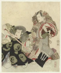 Ichikawa Danjûrô VII jako Yoshimune no Munesada z wentylatorem i Ichikawa Omezô w roli Sekibei z siekierą