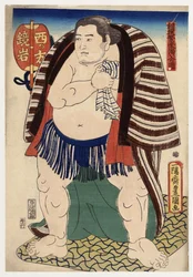 "" Portret zapaśnika sumo Kagamiiwy z zachodniego wybrzeża "" (Zapaśnik sumo Kagamiiwa z West Side) Grawiura Utagawy Toyokuni (1769-1825) werset 1847 Kolekcja prywatna