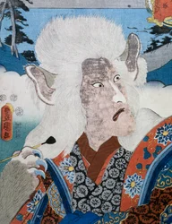 Portret aktora teatru Kabuki Mority Karyi w masce zoomorficznej, grafika ukiyo-e autorstwa Utagawy Toyokuni (1769-1825), drzeworyt, cywilizacja japońska, okres Edo