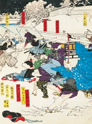 Bitwa na śniegu, Samuraj w obronie japońskiej fortecy, Utagawa Toyokuni, drzeworyt