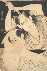Aktorzy Sawamura Sojuro III trzymający Sword Aloft i Arashi Shichigoro III jako Fight..., ca. 1798.