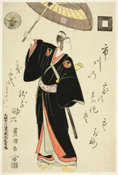 Aktor Ichikawa Danjuro VI jako Sukeroku w sztuce „Omiura Date no Nebiki”, wystawiony w Teatrze Nakamura w trzecim miesiącu 1799