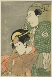 Aktorzy Kataoka Nizaemon VII jako Iyo no Taro i Iwai Hanshiro IV jako Kojoro-gitsune z Okazaki w sztuce „Seiwa Nidai Oyose Genji”, wystąpili w Teatrze Miyako w jedenastym miesiącu 1796