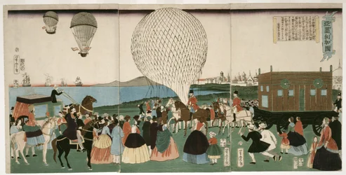 Lot balonem w Ameryce, wyd. 1865 (drzew ręcznie kolorowany)