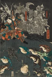 Nikushi the Frog Spirit przywołuje magiczną bitwę żab w Tateyama w prowincji Etchu, 1864