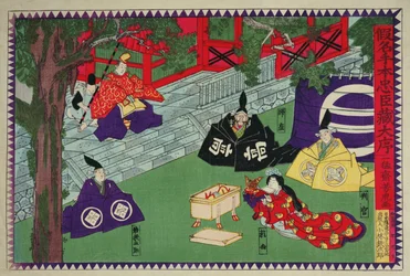 Scena z I aktu sztuki kabuki „Kanadehon Chushingura”, opowieść o zemście oparta na incydencie czterdziestu siedmiu roninów z 1703 r., ok. 1870 r. (kolorowy drzeworyt)