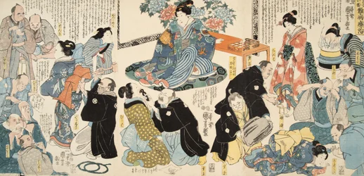 Scena z Genji monogatari (Opowieść o Genji) Murasaki Shibuku (ur. 978) 1860 (kolorowy drzeworyt)