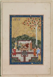 Folio albumu; recto: Stara kobieta i dwóch mędrców, Buchara, Uzbekistan, okres Timurydów, 1510-40 (nieprzezroczysta akwarela, tusz i złoto na papierze)