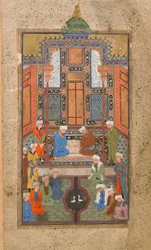 Scena pałacowa w Tuhfat al-Ahrar (dar za darmo) Buchara, Uzbekistan, okres uzbecki, ok. 1540 (nieprzezroczysta akwarela, atrament i złoto na papierze)