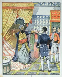 Dey Algieru, Hussein ibn El Hussein, uderza francuskiego ambasadora M. Devala wachlarzem, 27 kwietnia 1827, okładka podręcznika szkolnego, 1891
