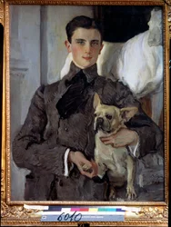 Portret księcia Feliksa Youssoupoffa, hrabiego Soumarokov Elston (1887-1967), z psem. (Portret księcia Feliksa Jusupowa, hrabiego Sumarokowa Elstona, z psem). Obraz Valentina Aleksandrowicza Sierowa (1865-1911), olej na płótnie