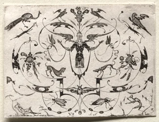 Arabeska z pawiem, papużką, psami i owadami, 1626.