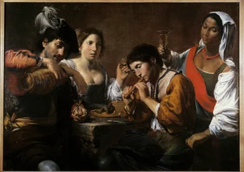 Spotkanie w kabarecie Obraz Valentina de Boulogne (1591-1632) XVII w. Nd. 0,96x1,33 m²