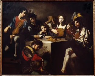 Koncert płaskorzeźby. Wokół rzeźbionego ołtarza zgromadzili się muzycy. Obraz Valentina de Boulogne (1591-1632). Ciemny. 1,73 x 2,14m.