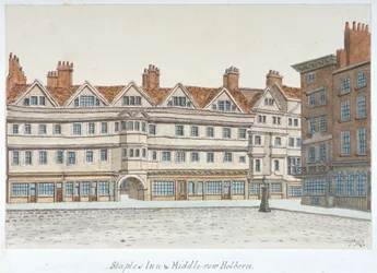 Widok Staple Inn i budynków Middle Row w centrum Holborn, Londyn, 1850.