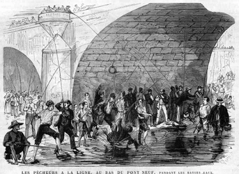 rybak ma linę na dole mostu dziewięć w Paryżu w 1868 roku podczas niskiej wody. rysunek Desroches - Valnay.