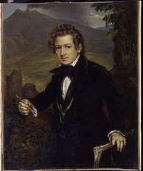 Portret malarza Karla Pavlovicha Briullova (Bryullov) (1799-1852). Portret malarza K.P. Briulłowa). Przedstawiony na tle wulkanu malarz trzyma w ręku ołówek mechaniczny i swoją deskę kreślarską. Obraz Wasilija Andrejewicza Tropinina (Wassili Tropinin) (1
