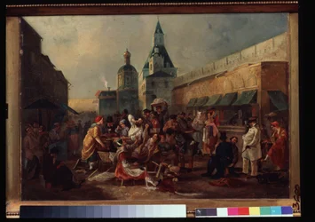 Stoisko z przekąskami w pobliżu chińskiego muru w Moskwie. Obraz Wasilija Jegorowicza Astrachowa (?-po 1867). Olej na płótnie, 43 x 57,5 ​​cm