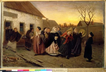 Rosyjski zwyczaj: pochód kobiet wychodzących z domu tańczących i śpiewających w przeddzień wesela (Wieczór Wesela w Łaźni). Obraz Wasilija (Vasili) Grigoryevich Perov (1834-1882)