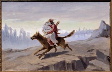Iwan carewicz na szarym wilku (tradycyjna baśń rosyjska) - Iwan Carewicz na szarym wilku - Dzieło Wasilija (Wasilija) Grigoriewicza Pierowa (1834-1882), olej na papierze, koniec 1870-początek 1880 - sztuka rosyjska