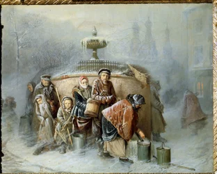 Kolejka przy fontannie. W środku zimy mieszkańcy miasta czekają pośród zimnego wiatru i mgły na swoją kolej, aby napełnić wiadra wodą pitną. (1834-1882)