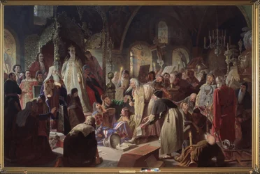 Papież staroobrzędowca Nikita Poustoswiat (lub Nikita Dimitriowicz Dobrynine, zm. 1683) debatujący z Patriarchą Moskwy Joachimem (1620-1690) w sprawie wiary w obecności regentki Zofii Aleksiejewny Romanowej ( 1657-1704