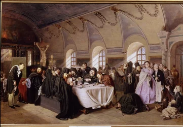 Obiad w klasztorze (Posiłek w klasztorze). W bogatym refektarzu prawosławnego klasztoru mnisi siedzą i spożywają obfity obiad (ryby, owoce, wino), czytając Biblię. Pogardliwych gości zapraszamy na j