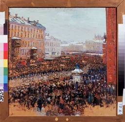 Rewolucyjna demonstracja w Moskwie w 1917 r. Epizod bolszewickiej rewolucji proletariackiej na ulicach stolicy Rosji. Malarstwo Wasilija Nikiticha Meszkowa (1868-1946), olej