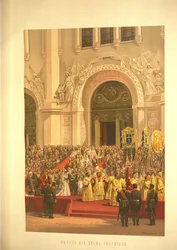 Para cesarska opuszcza sobór Chrystusa Zbawiciela. Z Albumu koronacyjnego, 1883