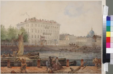 Dom M.D. Tarasowej na nabrzeżu Fontanki, autorstwa Sadovnikova, Wasilija Siemionowicza (1800-1879). Akwarela na papierze