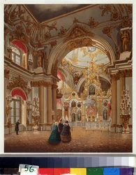 Wielka Kaplica Pałacu Zimowego w Sankt Petersburgu. Praca Wasilija Siemionowicza Sadovnikova (1800-1879), akwarela na papierze. XIX-wieczna sztuka rosyjska. Muzeum Pamięci A. Puszkina, Sankt Petersburg.