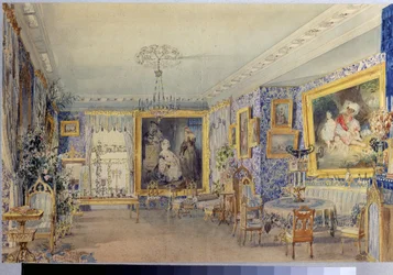 Salon w Dworku Verki. Praca Wasilija Siemionowicza Sadovnikova (1800-1879), akwarela na papierze