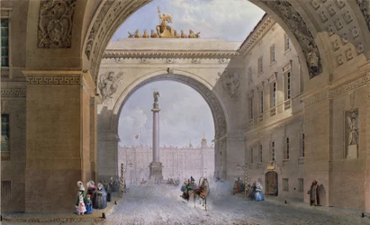 Łuk budynku Sztabu Generalnego w Sankt Petersburgu. Praca Wasilija Siemionowicza Sadownikowa (1800-1879), akwarela na papierze, ok. 1830. XIX-wieczna sztuka rosyjska. Państwowej Ermitażu w Sankt Petersburgu.