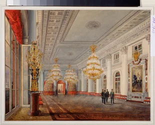 Wielka Sala (lub Nicolas Hall) Pałacu Zimowego w Sankt Petersburgu. Praca Wasilija Siemionowicza Sadovnikova (1800-1879), akwarela na papierze