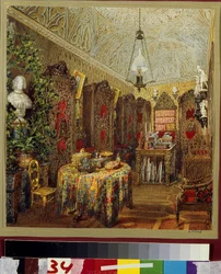 Gabinet w Pałacu Jusupowa (Pałac Moika) w Petersburgu. (Gabinet w Pałacu Jusupowa w Petersburgu). Praca Wasilija Siemionowicza Sadovnikova (1800-1879), akwarela na papierze. Sztuka rosyjska