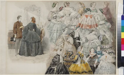 Moda kobieca - Moda damska, autorstwa Sadovnikova, Wasilija Siemionowicza (1800-1879). Akwarela na papierze, koniec lat 40. XIX wieku. Państwowe Muzeum Historii Sankt Petersburga