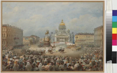 Ceremonia otwarcia pomnika Mikołaja I na Placu Maryjskim - Wasilij Siemionowicz Sadownikow (1800-1879). Akwarela i biały kolor na papierze