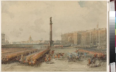 Parada Pułku Koni Ratowników na Placu Pałacowym - Wasilij Siemionowicz Sadownikow (1800-1879). Akwarela i biały kolor na papierze