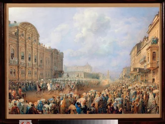 Parada na Newa Avenue (Nevsky Prospect) w Beloselsky Palace Belozersky. (Petersburg). Praca Wasilija Siemionowicza Sadovnikova (1800-1879), akwarela na papierze