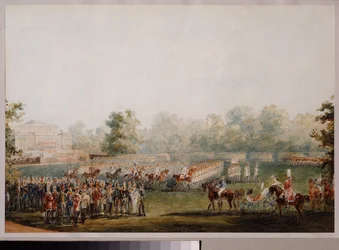 Parada wojskowa na łące pałacu Elagina w Sankt Petersburgu. (Parada Gwardii Cesarskiej). Praca Wasilija Siemionowicza Sadovnikova (1800-1879), akwarela na papierze