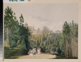 Scena w parku. Praca Wasilija Siemionowicza Sadovnikova (1800-1879), akwarela na papierze