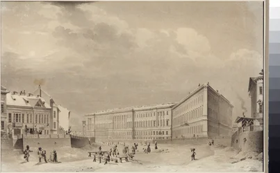 Petersburg. Budynek Sztabu Generalnego na nabrzeżu rzeki Mojki, autorstwa Sadovnikova, Wasilija Siemionowicza (1800-1879). Akwarela na papierze, przed 1833 r. Państwowe Muzeum Historii Sankt Petersburga