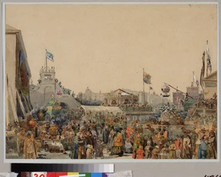 Stoisko targowe na Placu Admiralicji w Sankt Petersburgu. Praca Wasilija Siemionowicza Sadovnikova (1800-1879), akwarela na papierze