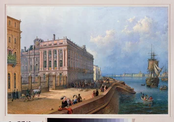 Widok na nabrzeże Newy i Marmurowy Pałac w Sankt Petersburgu. Praca Wasilija Siemionowicza Sadovnikova (1800-1879), akwarela na papierze