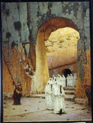 W Jerozolimie (Izrael). Królewski Grób Judy. (W Jerozolimie. Królewski Grób Judy). Procesja postaci ubranych na biało wychodzi z grobu królów Judy. Kobieta pochyla się z szacunkiem, aby ich powitać, gdy przechodzą. Malowanie