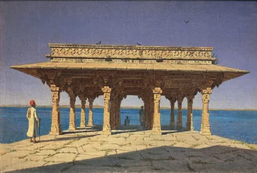 Wieczór w dystrykcie Lake Jaipur w stanie Radżastan, Indie, 1874 r