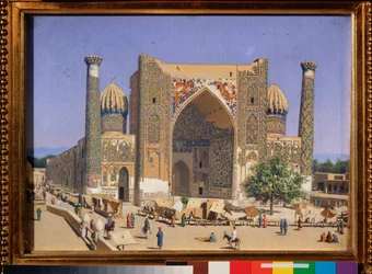 Sherdar Madrasah na placu Registan w Samarkandzie (The Sherdar Madrasah na placu Registan w Samarkandzie) - Obraz Wasilija Wasiljewicza Vereshchagin (Vassili Vereshchagin) (1842-1904), olej na płótnie